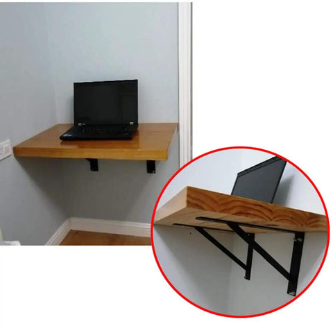 Heavy Duty Wall Mounted Shelf Brackets With Bullet Proof Triangular Steel Frame For Countertops And Floating Shelves Rust Resistant Matte Black Finish Hella Sturdy 800 Pound Load Rating Pair holding wooden shelf with laptop