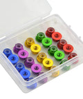 Heavy Duty M4 Aluminum Nylon Lock Nuts 25 Pack Flange in assorted colors, displayed in a clear storage box for RC builds.