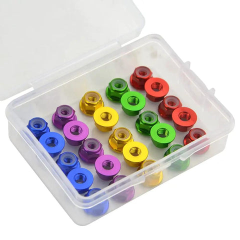 Heavy Duty M4 Aluminum Nylon Lock Nuts 25 Pack Flange in assorted colors, displayed in a clear storage box for RC builds.