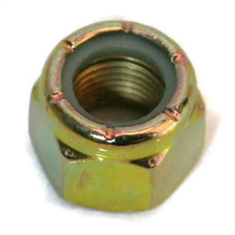 Bulk Pack Of One Thousand Yellow Zinc Plated Nylon Lock Nuts Grade C Steel Hex Fasteners One Point One Eight Inch Seven Unc Threads close-up view.