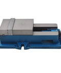 Heavy Duty Four Inch Bench Clamp Vise With Rock Solid Grips For Milling And Drilling Machines Built From Tough Grey Cast Iron And Ductile Nuts Shop Essential Without Base showing blue base and silver jaws.