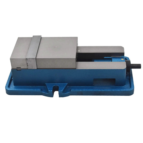 Heavy Duty Four Inch Bench Clamp Vise With Rock Solid Grips For Milling And Drilling Machines Built From Tough Grey Cast Iron And Ductile Nuts Shop Essential Without Base showing blue base and silver jaws.
