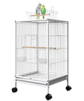 Spacious White Bold Wire Bird Cage On Smooth Rollaway Stand For Lovebirds Cockatiels with open top entry and partition trays.