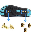 Bottom view of copper rivets for grounding barefoot shoes; 24 pieces for 3 pairs on a black-blue outsole