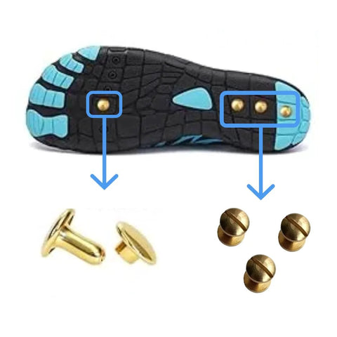 Bottom view of copper rivets for grounding barefoot shoes; 24 pieces for 3 pairs on a black-blue outsole