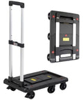 Heavy Duty Foldable Hand Cart With Retractable Handle And Tough Plastic Base Built For Smooth Hauling Jobs Without Any Sweat, portable trolley shown unfolded and folded.
