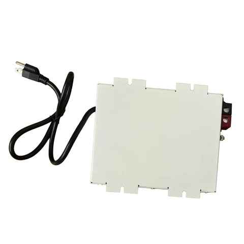Back view of 75 Amp 12V Power Converter for RVs, Boats, and Trailers with power cable and metal housing