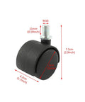 Slick Rolling Two Inch Twin Wheel Swivel Casters With M10 Threaded Nylon Stem Hella Tough Easy Swap For Tool Carts Office Chairs And Project Tables Black Set Of Four close-up of one caster showing dimensions and M10 threaded stem