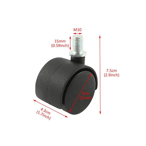 Slick Rolling Two Inch Twin Wheel Swivel Casters With M10 Threaded Nylon Stem Hella Tough Easy Swap For Tool Carts Office Chairs And Project Tables Black Set Of Four close-up of one caster showing dimensions and M10 threaded stem