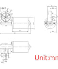 Technical drawing of Beefy 12V PMDC Right Angle Gear Motor With Threaded Shaft High Torque 50 RPM Reversible Gearbox dimensions.