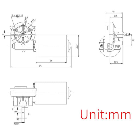 Technical drawing of Beefy 12V PMDC Right Angle Gear Motor With Threaded Shaft High Torque 50 RPM Reversible Gearbox dimensions.