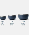 Three different sizes of Rambler Bowl Vacuum Insulated Stainless Steel With Lid 1 Quart Navy Stackable And Nestable bowls.