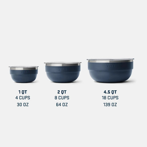 Three different sizes of Rambler Bowl Vacuum Insulated Stainless Steel With Lid 1 Quart Navy Stackable And Nestable bowls.