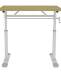 Smooth Operator Manual Standing Desk 48 By 24 Inches with wood top, white legs, hand crank, raised for ergonomic use.