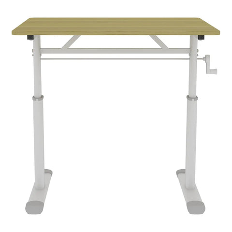 Smooth Operator Manual Standing Desk 48 By 24 Inches with wood top, white legs, hand crank, raised for ergonomic use.