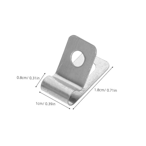 Close-up of a stainless steel fence wire clip for 4mm welded wire, showing dimensions and hole for securing wood and vinyl fences.