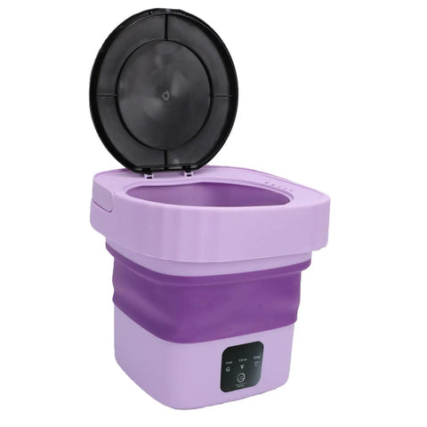 Hassle Free Mini Folding Washing Machine With Quick Ten Or Fifteen Minute Cycles And Hidden Carry Grip Perfect For Dorm Rooms Apartments And Rv Trips Featuring Fold Flat Space Saving Design And Slick Spin Cycle.