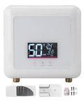 Zero Chill Instant Heat Mini Tankless Water Heater With A Sharp Digital Panel And Handy Remote That Pushes Hard 5500 Watts, front view with remote.