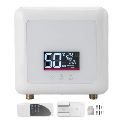 Zero Chill Instant Heat Mini Tankless Water Heater With A Sharp Digital Panel And Handy Remote That Pushes Hard 5500 Watts, front view with remote.