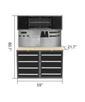Badass Heavy Duty Garage Workbench Cabinet System With Lockable Drawers Solid Wood Tabletop Wall Storage Panels And Multi Hook Rack, 59x21.7x80 inches.