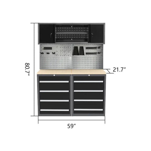 Badass Heavy Duty Garage Workbench Cabinet System With Lockable Drawers Solid Wood Tabletop Wall Storage Panels And Multi Hook Rack, 59x21.7x80 inches.