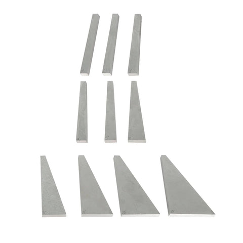 Front view of ten-piece steel precision angle block set for machinist calibration (1°–5° and 5°–30°)