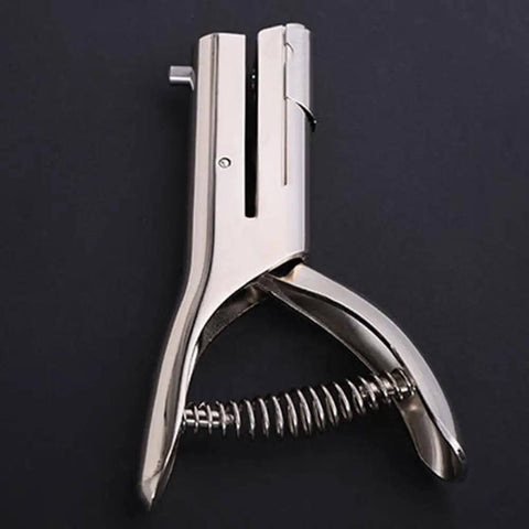 Heavy Duty Portable Single Hole Punch Tool with Deep 53mm Feed Slot in silver, ergonomic handle, shown on dark background.