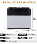 Product parameters of No Sweat Electric Portafilter Cleaner With Quick Spin Motor And Dual Brush Heads for 58 Mm and 51 Mm espresso handles.