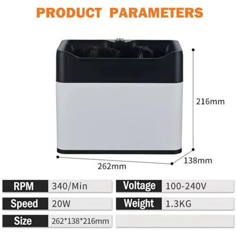Product parameters of No Sweat Electric Portafilter Cleaner With Quick Spin Motor And Dual Brush Heads for 58 Mm and 51 Mm espresso handles.