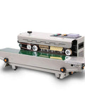 Automatic Horizontal Continuous Sealing Machine For Plastic Bags, Band Sealer With Embossing And Date Stamp, on white background