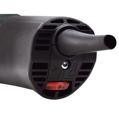 Close-up of handle and speed dial on Beefy Torque 5 Inch Variable Speed Angle Grinder With Electronic Speed Control 2800 To 11000 RPM 13.5 Amp Motor Lock On Handle S Automatic Safety Slip Clutch Long Life Motor For Quick Material Removal.