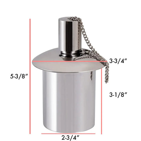 Polished Stainless Steel Table Top Tiki Torch Canister With Refillable Fuel Reservoir For Outdoor Use, compact and rust-resistant, dimensions shown.