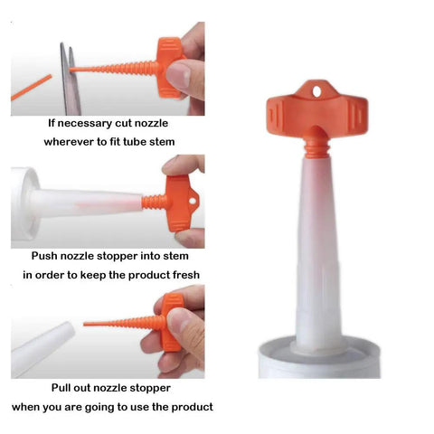 4 Pack Caulk Saver Caps Sealer Tools For Silicone Tubes, Airtight Stopper Caps shown in use with caulk tubes, orange caps.
