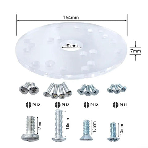 No Sweat Routing 10 Piece Brass Router Guide Bushing Kit With Acrylic Template Base Plate Centering Pin Covers 10mm To 30mm, acrylic base plate and screws.
