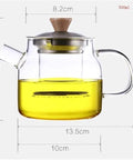 Glass teapot with stainless steel lid and wooden knob, 500ml capacity, showing dimensions of 8.2cm top, 13.5cm base