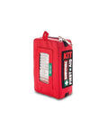 Red Ultra Compact Grab And Go Car And Outdoor First Aid Kit, 26-Piece Emergency Kit, side view showing CPR card pocket, lightweight design