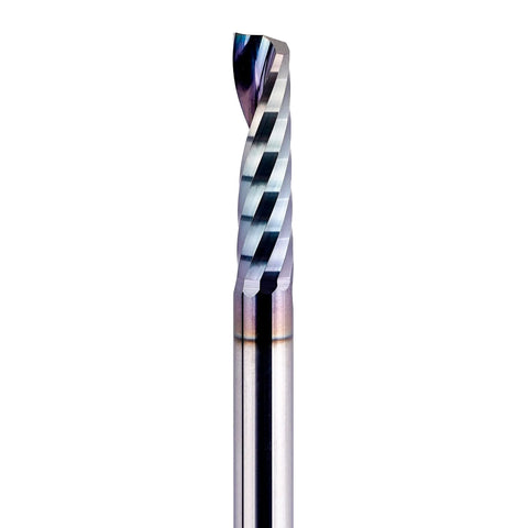 SpeTool O-flute CNC router bit with 1/4 in shank; single-flute end mill with multicolor coating.