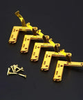Rock Sturdy Cabinet Hinges 5 Pack Antique Brass 90 Degree Spring Assist Pivot Clamps with screws on black background.