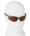 Hardcore Camo Frame Safety Glasses With Bronze Tint Contrast Lenses on a mannequin head for protective eyewear display.