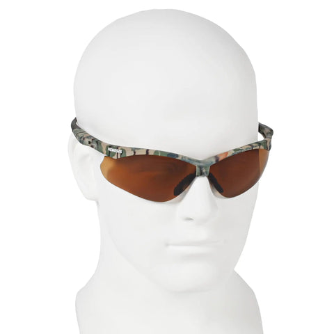 Hardcore Camo Frame Safety Glasses With Bronze Tint Contrast Lenses on a mannequin head for protective eyewear display.