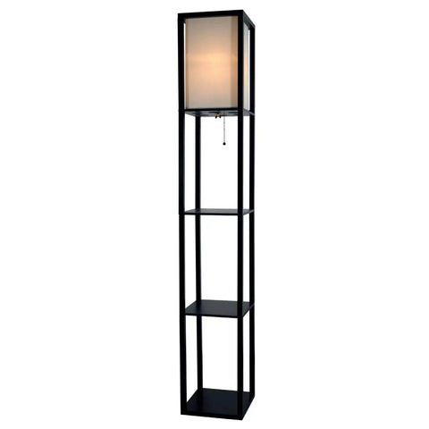 Corner Floor Lamp With Shelves For Living Room And Bedroom Cozy Bookshelf Lamp With Wooden Shelves And White Cotton Linen Shade Black Finish