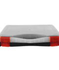 Hella Tough Plastic Parts Organizer Box With Sure Grip Handle and chunky dividers, viewed from above, closed with red latches.
