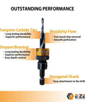 Depth Adjustable Countersink Drill Bit With Tool Free Depth Adjustment And Knurled Lock Collar Set Your Drilling Depth From 1.2mm To 21mm Without A Wrench Includes 3 By 8mm And One Eighth By Five Sixteenth Inch Sizes 1 Piece with tungsten carbide tips and hexagonal shank.