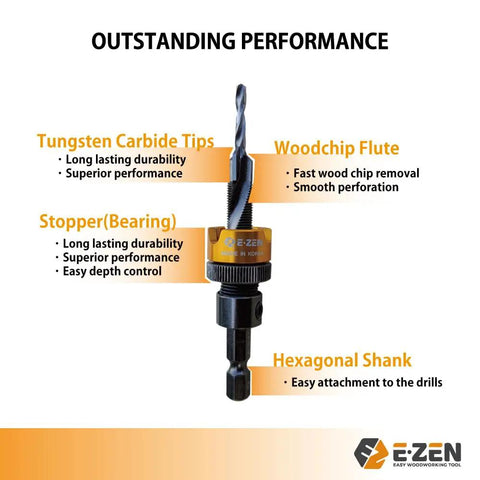 Depth Adjustable Countersink Drill Bit With Tool Free Depth Adjustment And Knurled Lock Collar Set Your Drilling Depth From 1.2mm To 21mm Without A Wrench Includes 3 By 8mm And One Eighth By Five Sixteenth Inch Sizes 1 Piece with tungsten carbide tips and hexagonal shank.
