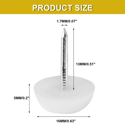 60 Pack White Nylon Furniture Sliders Round 16mm Glide Pads showing product dimensions and nail length for easy installation.