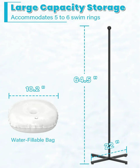 Sturdy Metal Pool Float Rack Organizer For Poolside Storage Holds 5 To 6 Swim Rings 64 Inch Tall With Four Adjustable Heights And Water Weight Bag diagram.