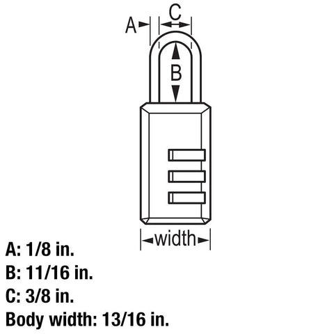 Diagram showing measurements of Set Your Own Three Digit Combo Luggage Lock 2 Pack for Travel Suitcases and Backpacks Custom Padlock.