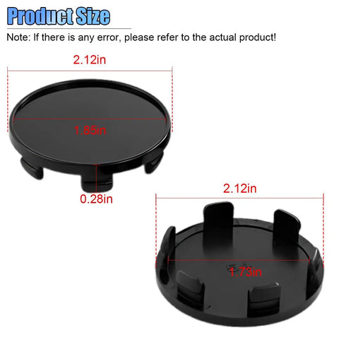 Slick Black Car Wheel Rim Center Caps 4 Pack Heavy Duty Abs Snap In Hub Covers Universal Fit For Cars Trucks And Jeeps 2.13 Inch Outer Diameter with size dimensions.