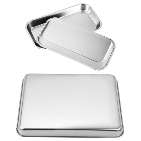 Stainless Steel Tool Organizer Trays Set With One Large Flat-Bottom Tray and Three Small Rust-Resistant Service Trays for garage workshop organization.