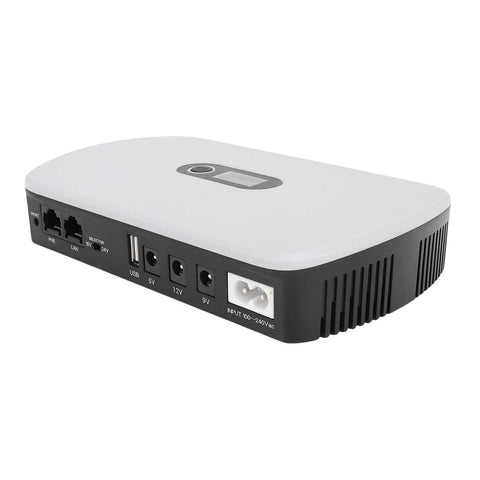 Slick 8800 Mah Ups Power Supply With Bright Lcd Screen And Smart Voltage Tuning, compact black and white device for routers and modems.